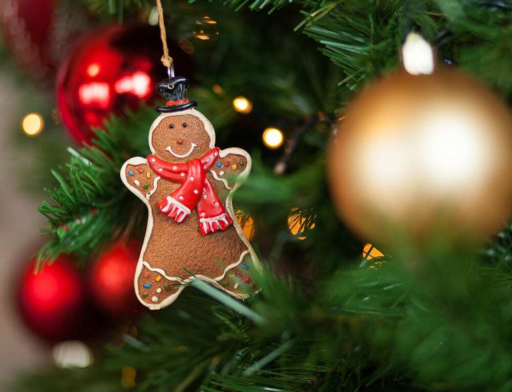 Smiling gingerbread ornament hanging on tree